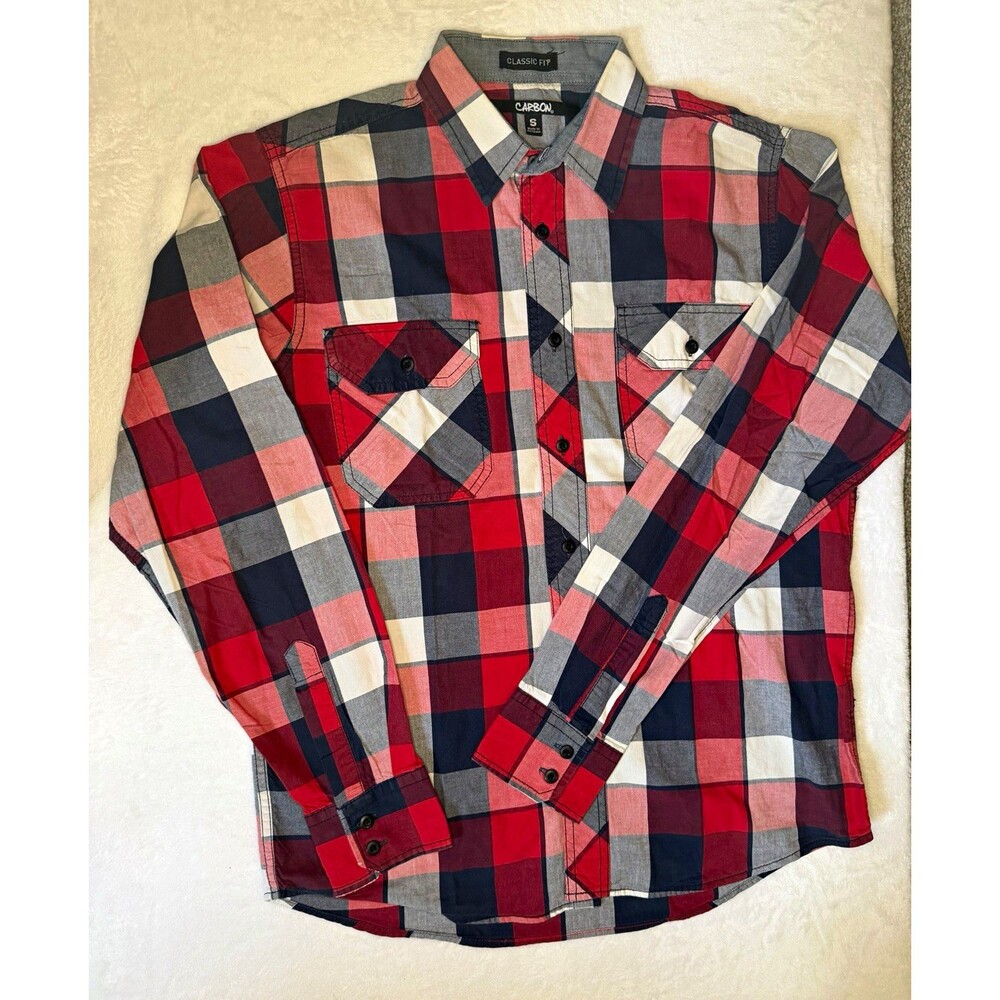 Carbon Men's Plaid Button-Up Shirt Long Sleeve Classic Fit Pockets Size S
